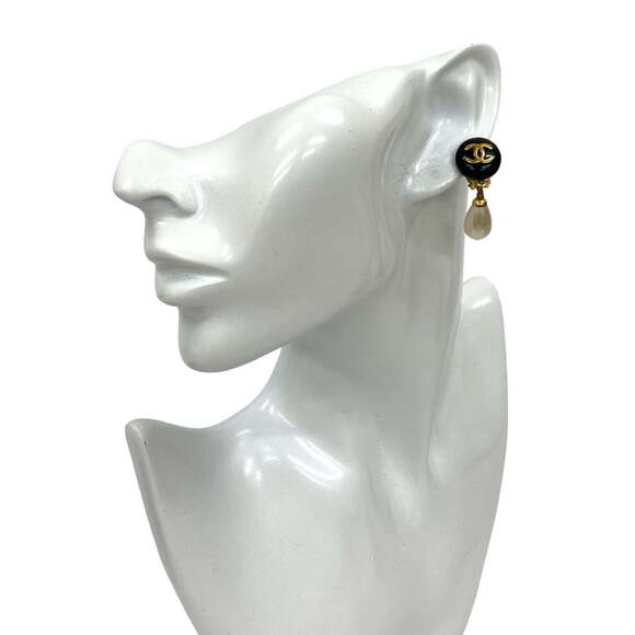 CHANEL Authentic Vintage Black Pearl Logo Earrings